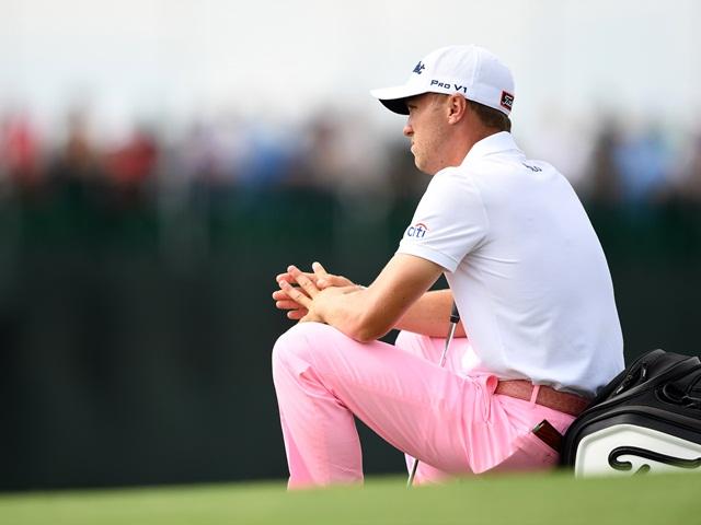 Justin Thomas waiting to make his record-breaking eagle on 18 yesterday
